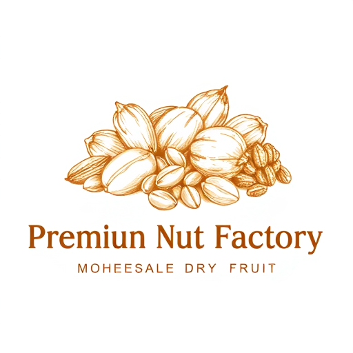 Professional logo design.  this is the logo for Premium Nut FactoryThe logo features several nuts and legumes in a sketch-like, golden-brown style, including what looks like peanuts and some shelled seeds. Below the main company name, the tagline reads: WHOLESALE DRY FRUIT