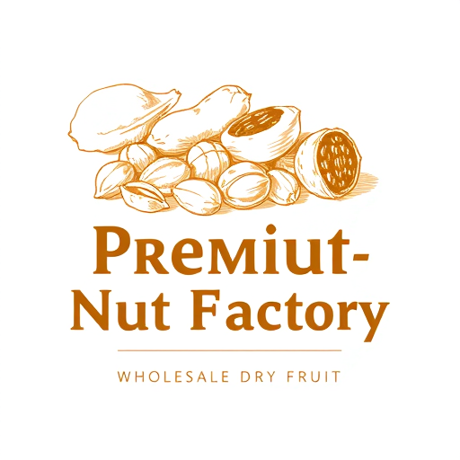Professional logo design.  this is the logo for Premium Nut FactoryThe logo features several nuts and legumes in a sketch-like, golden-brown style, including what looks like peanuts and some shelled seeds. Below the main company name, the tagline reads: WHOLESALE DRY FRUIT