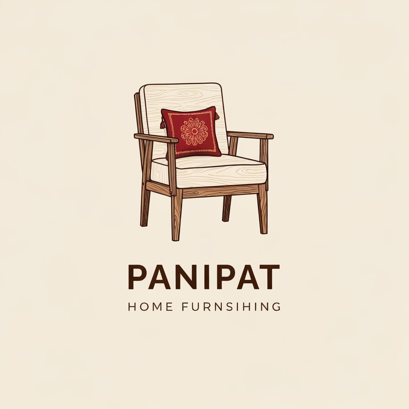 generate a sleek vector logo of a brand named panipat home furnishing showing a wooden chair with subtle wood texture dont add any lineart and soft cover on the sitting area and backrest area and add a contrasting pillow with indian motif on it