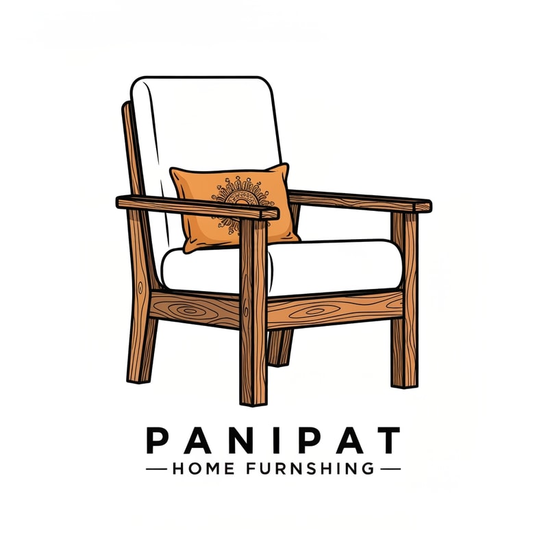 generate a sleek vector logo of a brand named panipat home furnishing showing a wooden chair with subtle wood texture no lineart and soft cover on the sitting area and backrest area and add a contrasting pillow with indian motif on it