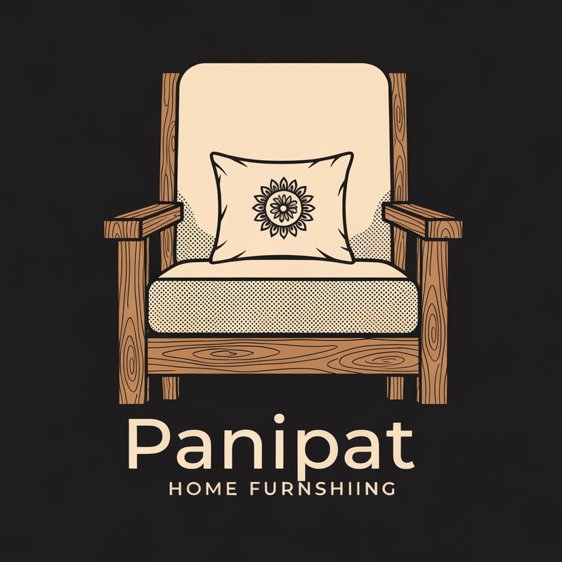 generate a sleek vector logo of a brand named panipat home furnishing showing a wooden chair with subtle wood texture no lineart and soft cover on the sitting area and backrest area and add a contrasting pillow with indian motif on it