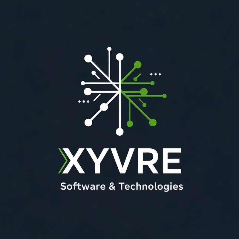 Professional logo design. Lgo for a futuristic technology company named "Xyvre Software & Technologies": Abstract geometric representation of interconnected data streams, Saffron, White, and Green color palette.