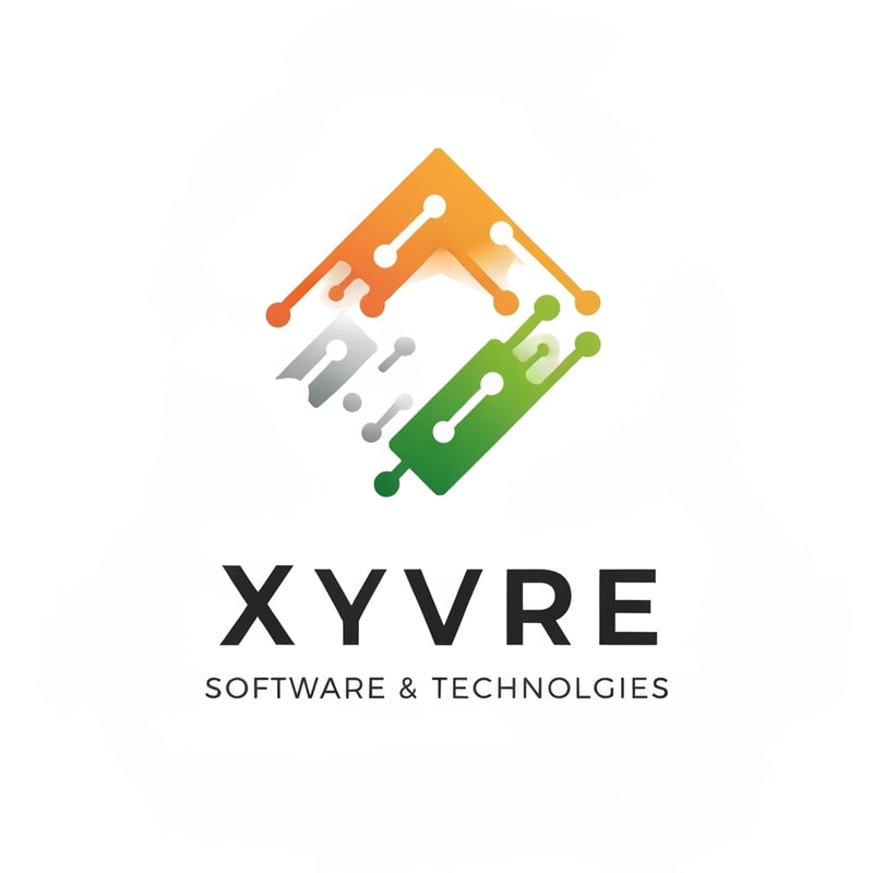 Professional logo design. Logo for a futuristic technology company named "Xyvre Software & Technologies": Abstract geometric representation of interconnected data streams, Saffron, White, and Green color palette.