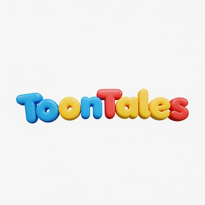 A playful and vibrant logo for a children's OTT streaming service featuring the brand name "ToonTales" in a custom, rounded, 3D bubbly typeface. — Centered and balanced wordmark viewed from a straight-on perspective for clear brand recognition. — A cheerful palette of saturated primary colors including bright blue, sunny yellow, and poppy red. — Bright, high-key studio lighting with soft glossy reflections to create a fun, high-energy mood. — Modern 3D digital vector style with smooth, plastic-like textures and bold, clean shapes. — Keep text "ToonTales" EXACTLY unchanged; no rewriting, redrawing, correcting, or adding any text. — Isolated on a solid, flat white background.