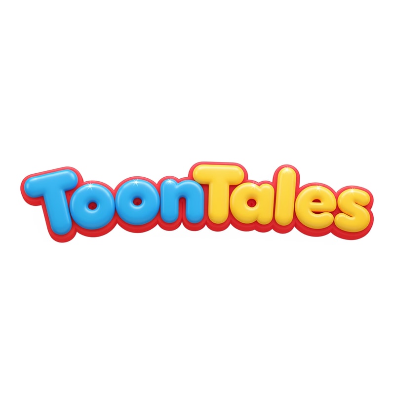 A playful and vibrant logo for a children's OTT streaming service featuring the brand name "ToonTales" in a custom, rounded, 3D bubbly typeface. — Centered and balanced wordmark viewed from a straight-on perspective for clear brand recognition. — A cheerful palette of saturated primary colors including bright blue, sunny yellow, and poppy red. — Bright, high-key studio lighting with soft glossy reflections to create a fun, high-energy mood. — Modern 3D digital vector style with smooth, plastic-like textures and bold, clean shapes. — Keep text "ToonTales" EXACTLY unchanged; no rewriting, redrawing, correcting, or adding any text. — Isolated on a solid, flat white background.