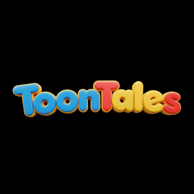A playful and vibrant logo for a children's OTT streaming service featuring the brand name "ToonTales" in a custom, rounded, 3D bubbly typeface. — Centered and balanced wordmark viewed from a straight-on perspective for clear brand recognition. — A cheerful palette of saturated primary colors including bright blue, sunny yellow, and poppy red. — Bright, high-key studio lighting with soft glossy reflections to create a fun, high-energy mood. — Modern 3D digital vector style with smooth, plastic-like textures and bold, clean shapes. — Keep text "ToonTales" EXACTLY unchanged; no rewriting, redrawing, correcting, or adding any text. — Isolated on a solid, flat blackbackground.
