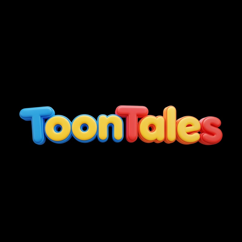 A playful and vibrant logo for a children's OTT streaming service featuring the brand name "ToonTales" in a custom, rounded, 3D bubbly typeface. — Centered and balanced wordmark viewed from a straight-on perspective for clear brand recognition. — A cheerful palette of saturated primary colors including bright blue, sunny yellow, and poppy red. — Bright, high-key studio lighting with soft glossy reflections to create a fun, high-energy mood. — Modern 3D digital vector style with smooth, plastic-like textures and bold, clean shapes. — Keep text "ToonTales" EXACTLY unchanged; no rewriting, redrawing, correcting, or adding any text. — Isolated on a solid, flat blackbackground.