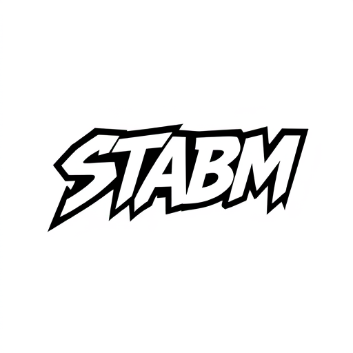 Professional logo design. Letterform logo for a popular street style clothing brand named "STABM": A sharp, stylized 'S' integrated with a bold 'M', creating a dynamic and memorable mark. Black, white, and a vibrant electric blue. Clean, modern sans-serif font with slightly condensed letterforms. Design with a Y2K aesthetic and a touch of grunge influence. Emphasize sharp angles and geometric precision. Solid background.
