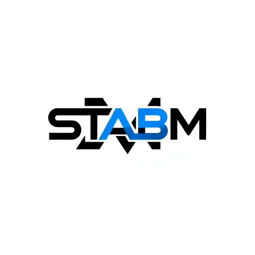 Professional logo design. Letterform logo for a popular formal style clothing brand named "STABM": A sharp, stylized 'S' integrated with a bold 'M', creating a dynamic and memorable mark. Black, white, and a vibrant electric blue. Clean, modern sans-serif font with slightly condensed letterforms. Design with a Y2K aesthetic and a touch of grunge influence. Emphasize sharp angles and geometric precision. Solid background.
