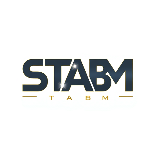 Professional logo design. Letterform for a high-end, luxury streetwear clothing brand named "STABM": The logo features bold, interconnected "S", "T", "A", "B", and "M" forming a cohesive and distinctive mark, Abstract shapes inspired by modern architecture, deep charcoal grey, sophisticated gold, and a hint of electric blue, Sharp, sans-serif typography with subtle geometric flourishes, reflecting a blend of modernism and urban edge, Minimalist and impactful, with clean lines and precise angles, subtle metallic sheen