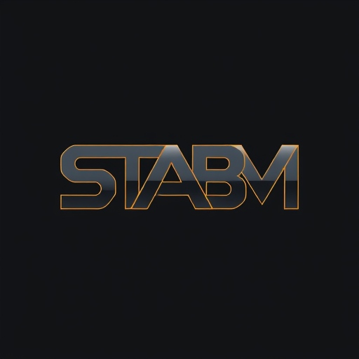 Professional logo design. Letterform for a high-end, luxury streetwear clothing brand named "STABM": The logo features bold, interconnected "S", "T", "A", "B", and "M" forming a cohesive and distinctive mark, Abstract shapes inspired by modern architecture, deep charcoal grey, sophisticated gold, and a hint of electric blue, Sharp, sans-serif typography with subtle geometric flourishes, reflecting a blend of modernism and urban edge, Minimalist and impactful, with clean lines and precise angles, subtle metallic sheen