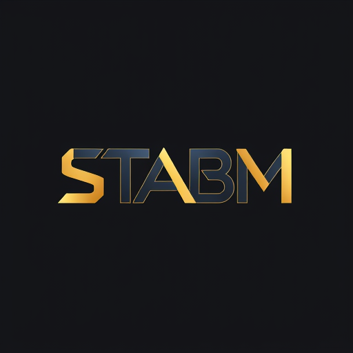 Professional logo design. Letterform for a high-end, luxury streetwear clothing brand named "STABM": The logo features bold, interconnected "S", "T", "A", "B", and "M" forming a cohesive and distinctive mark, Abstract geometric shapes inspired by modern architecture, deep charcoal grey, sophisticated gold, and a hint of electric blue, Sharp, sans-serif typography with subtle geometric flourishes, reflecting a blend of modernism and urban edge, Minimalist and impactful, with clean lines and precise angles, subtle metallic sheen on the gold elements, Solid dark background.