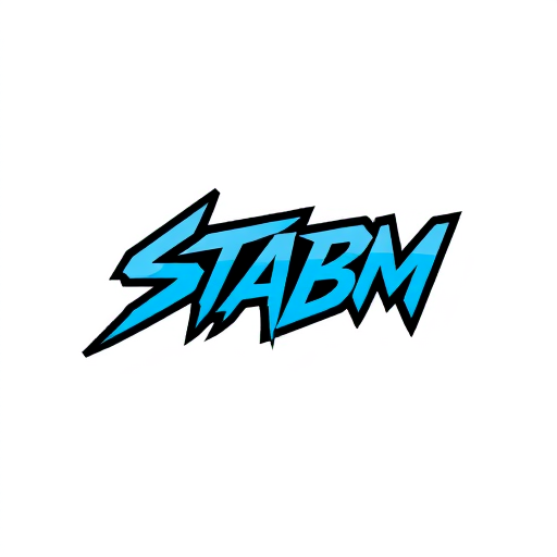 Professional logo design. Letterform logo for a popular street style clothing brand named "STABM": A sharp, stylized 'S' integrated with a bold 'M', creating a dynamic and memorable mark. Black, white, and a vibrant electric blue. Clean, modern sans-serif font with slightly condensed letterforms. Design with a Y2K aesthetic and a touch of grunge influence. Emphasize sharp angles and geometric precision. Solid background.