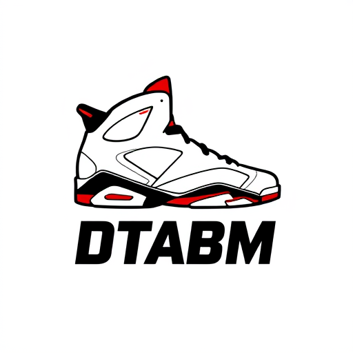 Professional logo design. Minimalist emblem for a basketball shoe brand named "DTABM": A stylized silhouette of the Air Jordan 6 sneaker with a subtle Jumpman logo integrated into the design, representing legacy and performance. Black, White, and Infrared red for the color palette. Bold, sans-serif typography for the "Jordan 6" name. Design a modern and iconic logo, drawing influence from retro sportswear and street art. Visual execution details: Clean lines, sharp angles, and a sense of dynamic movement. Background type: Solid white.