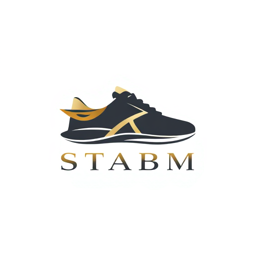 Professional logo design. Letterform for a premium and elegant sneaker brand named "STABM": A sophisticated, abstract sneaker logo integrated with a subtle, stylized wing or upward curve, suggesting speed and elevated style, Metallic gold, deep charcoal, and a hint of off-white, A sleek, modern sans-serif typeface with subtle sharp edges to echo the brand initial, Modern, minimalist, luxury, with subtle art deco influences, A clean, geometric representation with a focus on sharp lines and balanced negative space, White background.