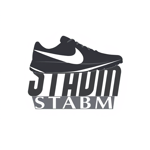Professional logo design. Letterform for a premium and elegant sneaker brand named "STABM": A sophisticated, abstract NIKE sneaker suggesting speed and elevated style, deep charcoal, and a hint of off-white, A sleek, modern sans-serif typeface with subtle sharp edges to echo the brand initial, Modern, minimalist, luxury, with subtle art deco influences, A clean, geometric representation with a focus on sharp lines and balanced negative space, White background.