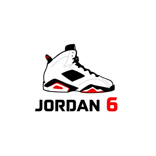 Professional logo design. Minimalist emblem for a basketball shoe brand named "Jordan 6": A stylized silhouette of the Air Jordan 6 sneaker with a subtle Jumpman logo integrated into the design, representing legacy and performance. Black, White, and Infrared red for the color palette. Bold, sans-serif typography for the "Jordan 6" name. Design a modern and iconic logo, drawing influence from retro sportswear and street art. Visual execution details: Clean lines, sharp angles, and a sense of dynamic movement. Background type: Solid white.