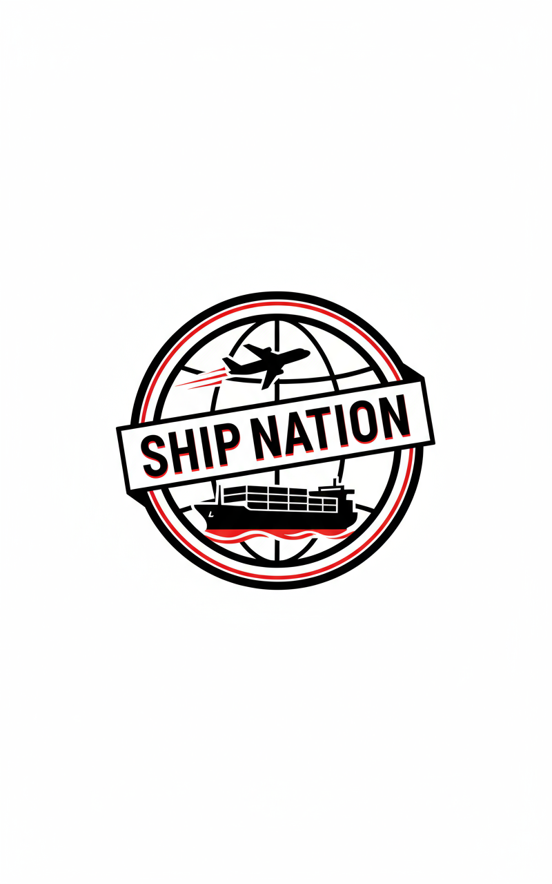 take reference from attached picture and create a logo for ShipNation, add Cargo plane and ship, colour should be black and red only