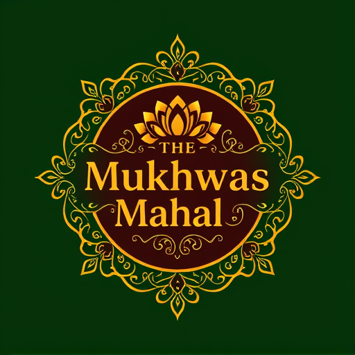 Professional logo design. Luxury premium logo design for The Mukhwas Mahal. The logo should have an embossed, raised effect with gold foil detailing for a royal look. Integrate elegant Indian motifs like lotus and peacocks in the frame. Add subtle fennel seed elements around or within the design, blending naturally with the ornate patterns. Use deep green and royal maroon background accents with golden highlights. Typography should be serif, metallic gold, embossed for a premium and gourmet brand identity."