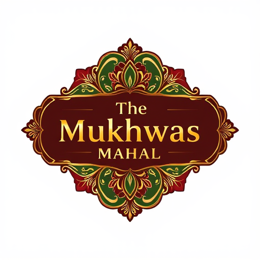 Professional logo design. Luxury premium logo design for The Mukhwas Mahal. The logo should have an embossed, raised effect with gold foil detailing for a royal look. Integrate elegant Indian motifs like lotus and peacocks in the frame. Add subtle fennel seed elements around or within the design, blending naturally with the ornate patterns. Use deep green and royal maroon background accents with golden highlights. Typography should be serif, metallic gold, embossed for a premium and gourmet brand identity."