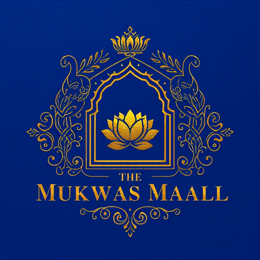 Professional logo design. Create a premium royal logo for The Mukhwas Mahal. The central frame should be an ornate Indian arch with a lotus on top and two peacocks gracefully flanking it. Inside and around the arch, add subtle decorative motifs like fine floral vines and scattered fennel seed details to avoid empty spaces but keep it elegant. Typography in embossed metallic gold serif font placed below the emblem. Ensure the design has a rich, balanced fill — not too plain, not overly crowded. Finish with a raised embossed foil effect (gold or silver), designed to look striking on royal blue matte packaging