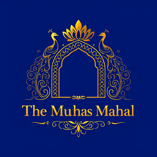 Professional logo design. Create a premium royal logo for The Mukhwas Mahal. The central frame should be an ornate Indian arch with a lotus on top and two peacocks gracefully flanking it. Inside and around the arch, add subtle decorative motifs like fine floral vines and scattered fennel seed details to avoid empty spaces but keep it elegant. Typography in embossed metallic gold serif font placed below the emblem. Ensure the design has a rich, balanced fill — not too plain, not overly crowded. Finish with a raised embossed foil effect (gold or silver), designed to look striking on royal blue matte packaging