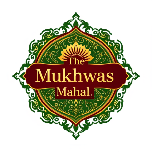 Professional logo design. Luxury premium logo design for The Mukhwas Mahal. The logo should have an embossed, raised effect with gold foil detailing for a royal look. Integrate elegant Indian motifs like lotus and peacocks in the frame. Add subtle fennel seed elements around or within the design, blending naturally with the ornate patterns. Use deep green and royal maroon background accents with golden highlights. Typography should be serif, metallic gold, embossed for a premium and gourmet brand identity."