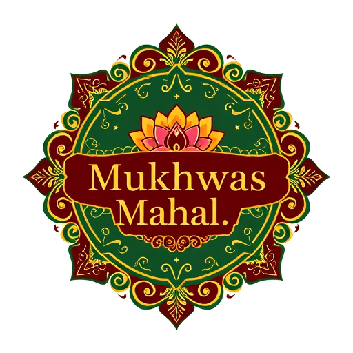 Professional logo design. Luxury premium logo design for The Mukhwas Mahal. The logo should have an embossed, raised effect with gold foil detailing for a royal look. Integrate elegant Indian motifs like lotus and peacocks in the frame. Add subtle fennel seed elements around or within the design, blending naturally with the ornate patterns. Use deep green and royal maroon background accents with golden highlights. Typography should be serif, metallic gold, embossed for a premium and gourmet brand identity."