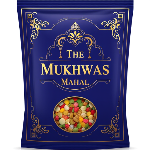 Professional logo design. uxury premium pouch packaging design for The Mukhwas Mahal. Matte royal blue background with elegant golden ornate borders. The central logo should appear embossed/raised with gold foil stamping effect, giving a 3D luxurious look. Add subtle fennel seed and betel leaf motifs around the logo for authenticity. Include a transparent circular window at the bottom showing colorful mukhwas inside. Typography in metallic gold serif font, clean and elegant. Overall look should be rich, ethnic, and premium – perfect for a royal Indian gourmet brand."