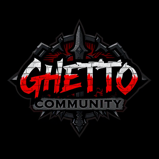 Professional logo design. reate a dark, urban-themed gaming logo for a community called 'Ghetto Community', focused on World of Warcraft. The logo should combine street/graffiti style with fantasy elements. Use a bold, graffiti or gothic font. Include subtle references to Horde and Alliance symbols, such as stylized emblems or runes. Background should have brick or concrete texture. Add fantasy elements like a sword, axe, or magic aura. Color scheme: black, dark red, grey, with small accents of blue or gold. The logo should feel powerful, underground, and united – a blend of street culture and fantasy gaming world.