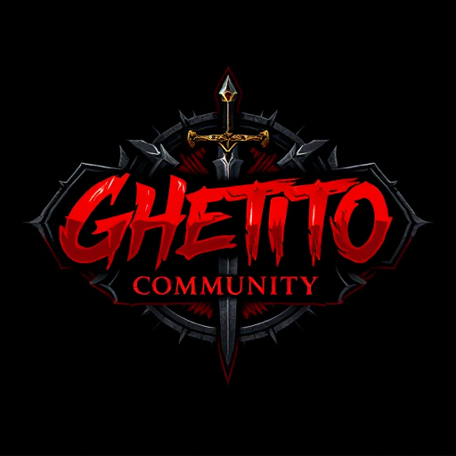 Professional logo design. reate a dark, urban-themed gaming logo for a community called 'Ghetto Community', focused on World of Warcraft. The logo should combine street/graffiti style with fantasy elements. Use a bold, graffiti or gothic font. Include subtle references to Horde and Alliance symbols, such as stylized emblems or runes. Background should have brick or concrete texture. Add fantasy elements like a sword, axe, or magic aura. Color scheme: black, dark red, grey, with small accents of blue or gold. The logo should feel powerful, underground, and united – a blend of street culture and fantasy gaming world.