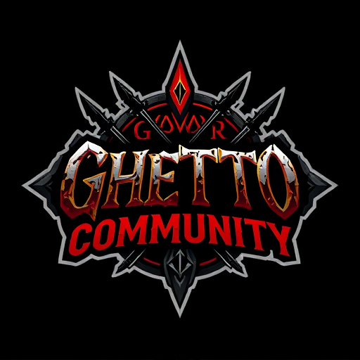 Professional logo design. Design a fantasy-themed gaming logo with the text 'Ghetto Community'. The logo should blend urban/ghetto street style with elements inspired by World of Warcraft. Use a bold, gritty font that feels like graffiti or medieval Gothic. Incorporate Horde or Alliance symbols in the background or as part of the design. Include fantasy elements like swords, magic runes, or a glowing aura. Use dark tones like black, red, and grey, with accent colors such as gold or blue. The overall style should feel powerful, underground, and immersive — a fusion of street culture and fantasy gaming. Make it look like a Alliance guild crest or an esports team logo. 