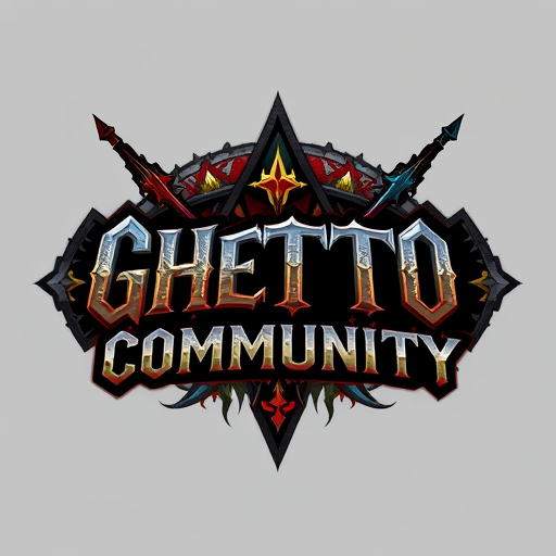 Professional logo design. Design a fantasy-themed gaming logo with the text 'Ghetto Community'. The logo should blend urban/ghetto street style with elements inspired by World of Warcraft. Use a bold, gritty font that feels like graffiti or medieval Gothic. Incorporate Horde or Alliance symbols in the background or as part of the design. Include fantasy elements like swords, magic runes, or a glowing aura. Use dark tones like black, red, and grey, with accent colors such as gold or blue. The overall style should feel powerful, underground, and immersive — a fusion of street culture and fantasy gaming.