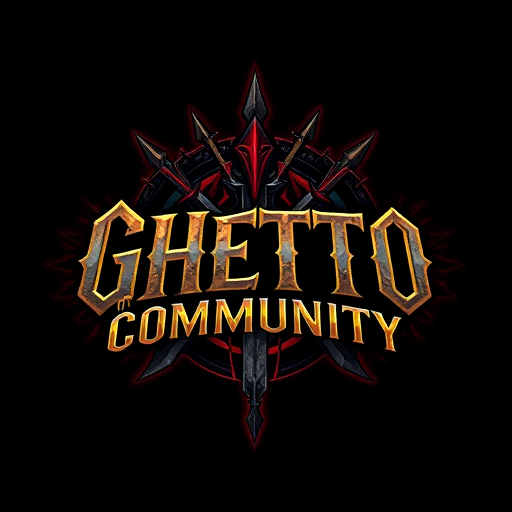 Professional logo design. Design a fantasy-themed gaming logo with the text 'Ghetto Community'. The logo should blend urban/ghetto street style with elements inspired by World of Warcraft. Use a bold, gritty font that feels like graffiti or medieval Gothic. Incorporate Horde or Alliance symbols in the background or as part of the design. Include fantasy elements like swords, magic runes, or a glowing aura. Use dark tones like black, red, and grey, with accent colors such as gold or blue. The overall style should feel powerful, underground, and immersive — a fusion of street culture and fantasy gaming. Make it look like a guild crest or an esports team logo.