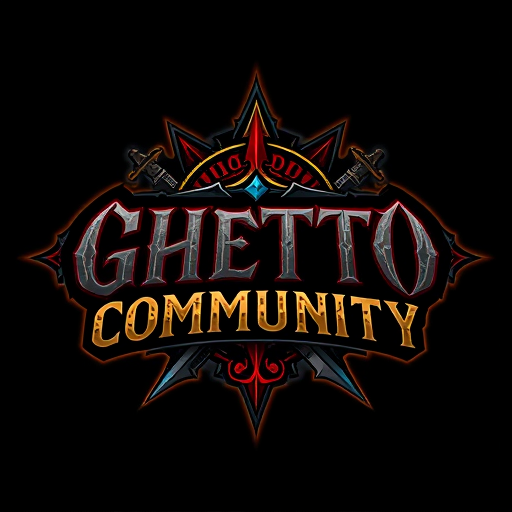 Professional logo design. Design a fantasy-themed gaming logo with the text 'Ghetto Community'. The logo should blend urban/ghetto street style with elements inspired by World of Warcraft. Use a bold, gritty font that feels like graffiti or medieval Gothic. Incorporate Horde or Alliance symbols in the background or as part of the design. Include fantasy elements like swords, magic runes, or a glowing aura. Use dark tones like black, red, and grey, with accent colors such as gold or blue. The overall style should feel powerful, underground, and immersive — a fusion of street culture and fantasy gaming. Make it look like a guild crest or an esports team logo.