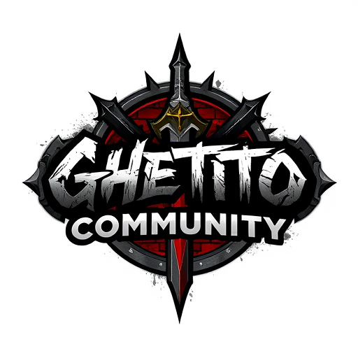 Professional logo design. create a dark, urban-themed gaming logo for a community called 'Ghetto Community', focused on World of Warcraft. The logo should combine street/graffiti style with fantasy elements. Use a bold, graffiti or gothic font. Include subtle references to Horde and Alliance symbols, such as stylized emblems or runes. Background should have brick or concrete texture. Add fantasy elements like a sword, axe, or magic aura. Color scheme: black, dark red, grey, with small accents of blue or gold. The logo should feel powerful, underground, and united – a blend of street culture and fantasy gaming world.