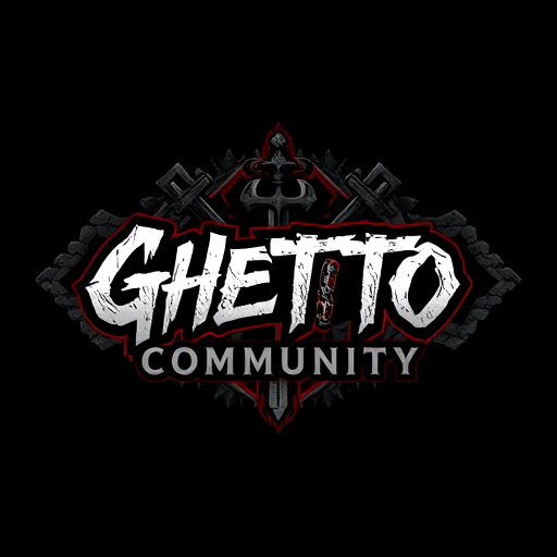 Professional logo design. create a dark, urban-themed gaming logo for a community called 'Ghetto Community', focused on World of Warcraft. The logo should combine street/graffiti style with fantasy elements. Use a bold, graffiti or gothic font. Include subtle references to Horde and Alliance symbols, such as stylized emblems or runes. Background should have brick or concrete texture. Add fantasy elements like a sword, axe, or magic aura. Color scheme: black, dark red, grey, with small accents of blue or gold. The logo should feel powerful, underground, and united – a blend of street culture and fantasy gaming world.