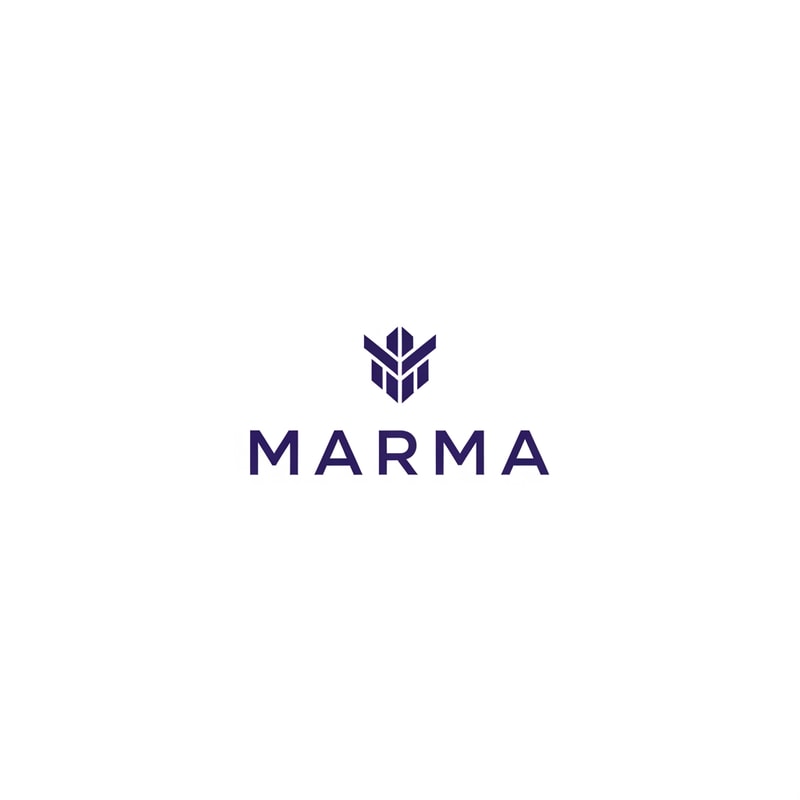 A sophisticated, abstract corporate logotype concept for the brand "Marma ," integrating a subtle, conceptual abstract mark or monogram positioned above the text — Centered composition designed for immediate recognition and high impact at small scale; the mark must complement the logotype — Professional color scheme utilizing deep indigo blue and crisp white/off-white — Flat, sharp, graphic design lighting; modern and professional tone — Minimalist vector graphic design; hard edges, conceptual mark, suitable for digital and print branding — The exact text required is "Marma "; keep text/logos/labels EXACTLY unchanged; no rewriting, redrawing, correcting, or adding any text; avoid photographic elements or heavy gradients — Isolated on a seamless pure white background for versatile branding use.