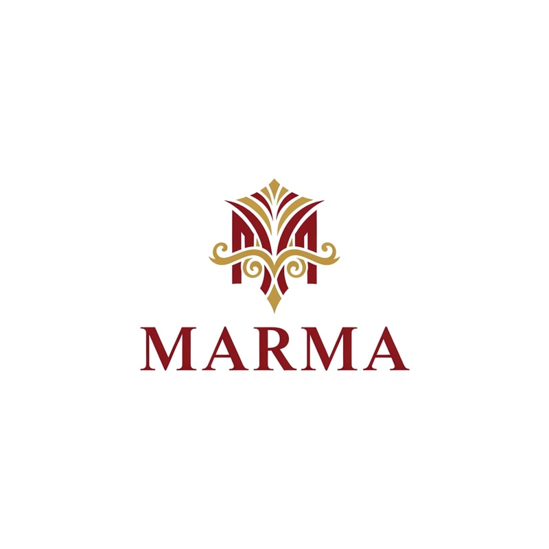 A sophisticated, conceptual abstract mark or monogram positioned immediately above the corporate logotype text "Marma" — Centered composition designed for immediate recognition and high impact at small scale; the abstract mark must visually complement and integrate with the typography — Professional color scheme utilizing deep red and crisp white — Flat, sharp, graphic design lighting achieving a modern and professional tone — Abstract, clean vector graphic logotype concept — Keep text "Marma" EXACTLY unchanged; no rewriting, redrawing, correcting, or adding any text; strictly avoid photographic elements or heavy gradients — Isolated on a seamless  add ornamental g9olden designs toopure white background for versatile branding use.