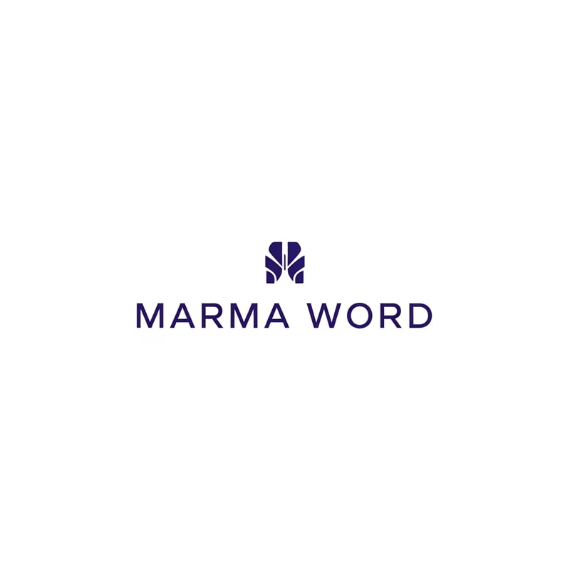 A sophisticated, abstract corporate logotype concept for the brand "Marma Word," integrating a subtle, conceptual abstract mark or monogram positioned above the text — Centered composition designed for immediate recognition and high impact at small scale; the mark must complement the logotype — Professional color scheme utilizing deep indigo blue and crisp white/off-white — Flat, sharp, graphic design lighting; modern and professional tone — Minimalist vector graphic design; hard edges, conceptual mark, suitable for digital and print branding — The exact text required is "Marma Word"; keep text/logos/labels EXACTLY unchanged; no rewriting, redrawing, correcting, or adding any text; avoid photographic elements or heavy gradients — Isolated on a seamless pure white background for versatile branding use.