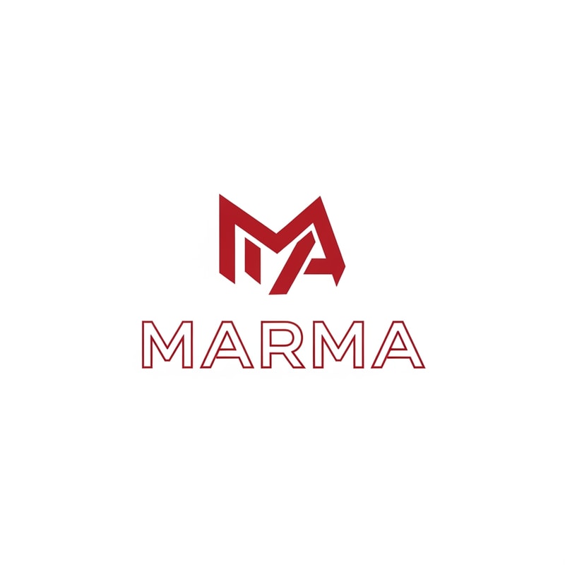 A sophisticated, abstract corporate logotype concept for the brand "Marma ," integrating a subtle, conceptual abstract mark or monogram positioned above the text — Centered composition designed for immediate recognition and high impact at small scale; the mark must complement the logotype — Professional color scheme utilizing deep  red and crisp  — Flat, sharp, graphic design lighting; modern and professional tone — Minimalist vector graphic design; hard edges, conceptual mark, suitable for digital and print branding — The exact text required is "Marma "; keep text/logos/labels EXACTLY unchanged; no rewriting, redrawing, correcting, or adding any text; avoid photographic elements or heavy gradients — Isolated on a seamless pure white background for versatile branding use.