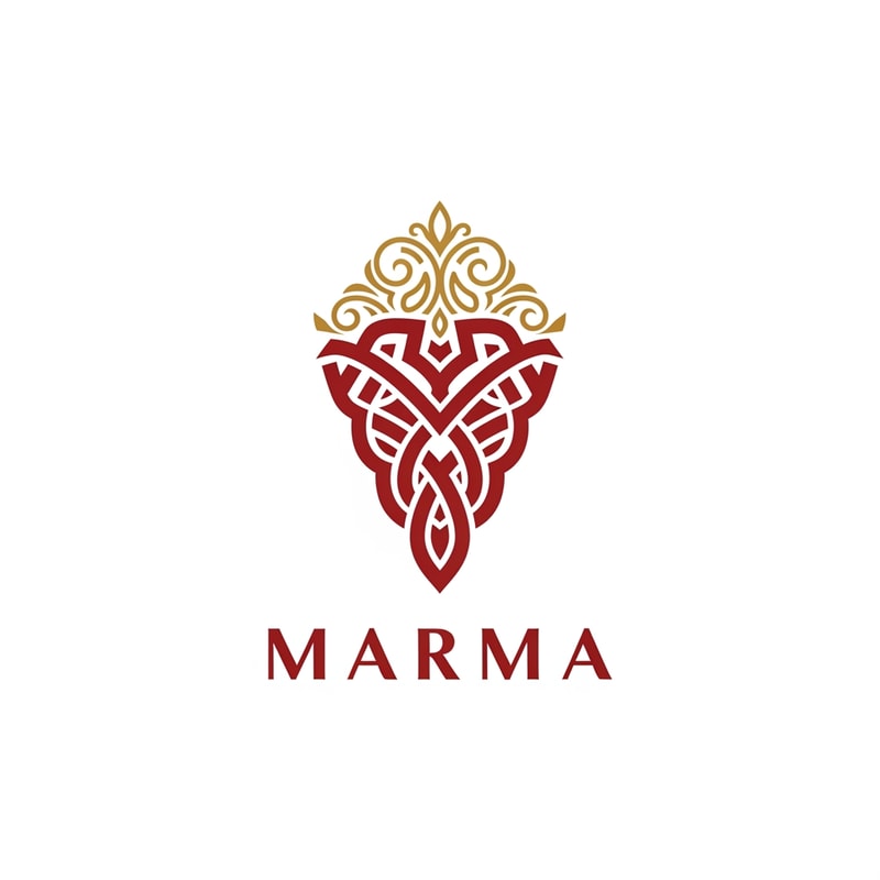 A sophisticated, conceptual abstract mark or monogram positioned immediately above the corporate logotype text "Marma" — Centered composition designed for immediate recognition and high impact at small scale; the abstract mark must visually complement and integrate with the typography — Professional color scheme utilizing deep red and crisp white — Flat, sharp, graphic design lighting achieving a modern and professional tone — Abstract, clean vector graphic logotype concept — Keep text "Marma" EXACTLY unchanged; no rewriting, redrawing, correcting, or adding any text; strictly avoid photographic elements or heavy gradients — Isolated on a seamless  add ornamental g9olden designs toopure white background for versatile branding use.