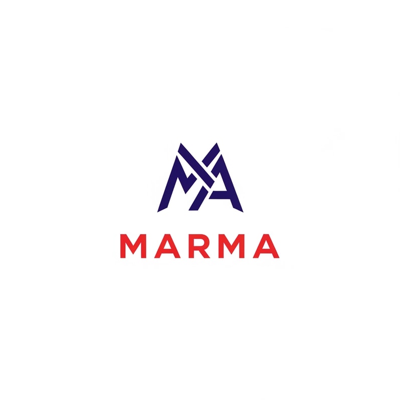 A sophisticated, abstract corporate logotype concept for the brand "Marma ," integrating a subtle, conceptual abstract mark or monogram positioned above the text — Centered composition designed for immediate recognition and high impact at small scale; the mark must complement the logotype — Professional color scheme utilizing deep indigo red and crisp  — Flat, sharp, graphic design lighting; modern and professional tone — Minimalist vector graphic design; hard edges, conceptual mark, suitable for digital and print branding — The exact text required is "Marma "; keep text/logos/labels EXACTLY unchanged; no rewriting, redrawing, correcting, or adding any text; avoid photographic elements or heavy gradients — Isolated on a seamless pure white background for versatile branding use.