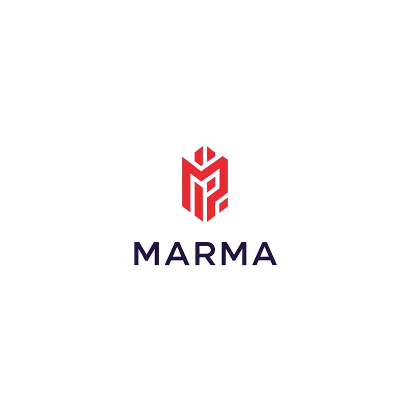A sophisticated, abstract corporate logotype concept for the brand "Marma ," integrating a subtle, conceptual abstract mark or monogram positioned above the text — Centered composition designed for immediate recognition and high impact at small scale; the mark must complement the logotype — Professional color scheme utilizing deep indigo red and crisp  — Flat, sharp, graphic design lighting; modern and professional tone — Minimalist vector graphic design; hard edges, conceptual mark, suitable for digital and print branding — The exact text required is "Marma "; keep text/logos/labels EXACTLY unchanged; no rewriting, redrawing, correcting, or adding any text; avoid photographic elements or heavy gradients — Isolated on a seamless pure white background for versatile branding use.
