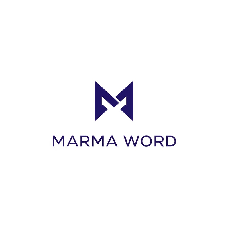 A sophisticated, abstract corporate logotype concept for the brand "Marma ," integrating a subtle, conceptual abstract mark or monogram positioned above the text — Centered composition designed for immediate recognition and high impact at small scale; the mark must complement the logotype — Professional color scheme utilizing deep indigo blue and crisp white/off-white — Flat, sharp, graphic design lighting; modern and professional tone — Minimalist vector graphic design; hard edges, conceptual mark, suitable for digital and print branding — The exact text required is "Marma Word"; keep text/logos/labels EXACTLY unchanged; no rewriting, redrawing, correcting, or adding any text; avoid photographic elements or heavy gradients — Isolated on a seamless pure white background for versatile branding use.
