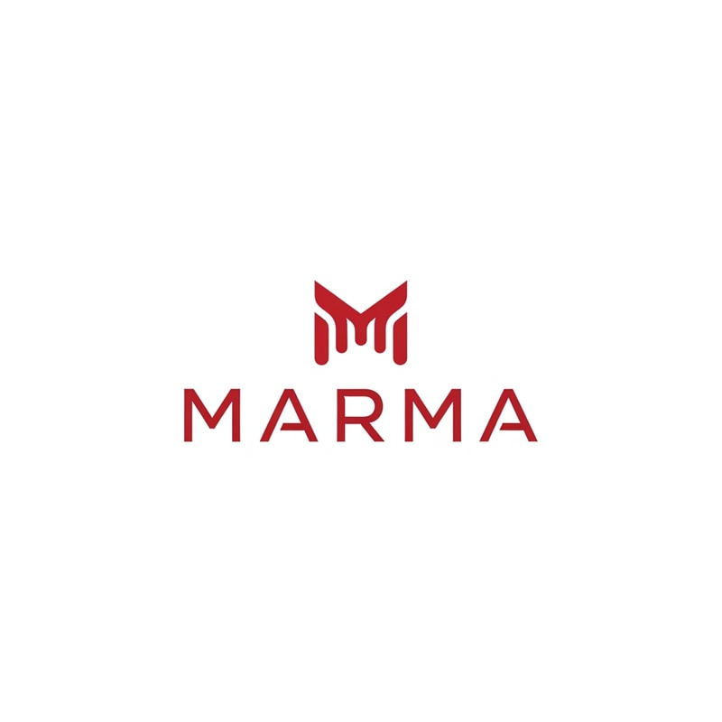 A sophisticated, abstract corporate logotype concept for the brand "Marma ," integrating a subtle, conceptual abstract mark or monogram positioned above the text — Centered composition designed for immediate recognition and high impact at small scale; the mark must complement the logotype — Professional color scheme utilizing deep  red and crisp  — Flat, sharp, graphic design lighting; modern and professional tone — photographic elements or heavy gradients — Isolated on a seamless pure white background for versatile branding use.