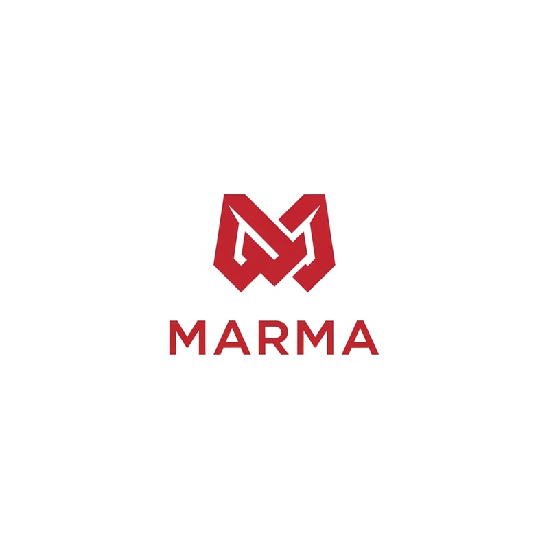 A sophisticated, abstract corporate logotype concept for the brand "Marma ," integrating a subtle, conceptual abstract mark or monogram positioned above the text — Centered composition designed for immediate recognition and high impact at small scale; the mark must complement the logotype — Professional color scheme utilizing deep  red and crisp  — Flat, sharp, graphic design lighting; modern and professional tone — Minimalist vector graphic design; hard edges, conceptual mark, suitable for digital and print branding — The exact text required is "Marma "; keep text/logos/labels EXACTLY unchanged; no rewriting, redrawing, correcting, or adding any text; avoid photographic elements or heavy gradients — Isolated on a seamless pure white background for versatile branding use.