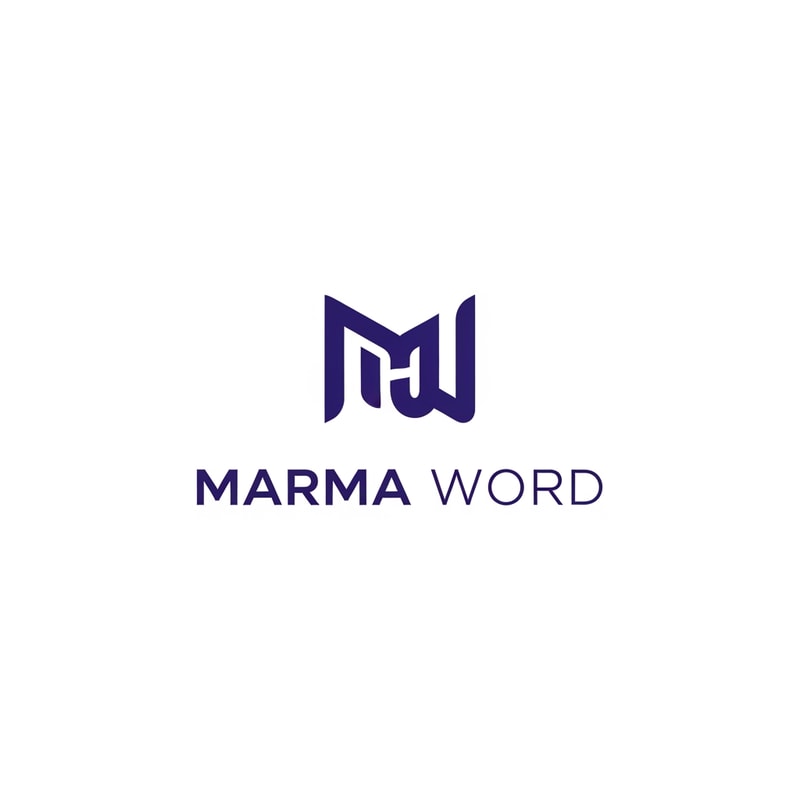 A sophisticated, abstract corporate logotype concept for the brand "Marma ," integrating a subtle, conceptual abstract mark or monogram positioned above the text — Centered composition designed for immediate recognition and high impact at small scale; the mark must complement the logotype — Professional color scheme utilizing deep indigo blue and crisp white/off-white — Flat, sharp, graphic design lighting; modern and professional tone — Minimalist vector graphic design; hard edges, conceptual mark, suitable for digital and print branding — The exact text required is "Marma Word"; keep text/logos/labels EXACTLY unchanged; no rewriting, redrawing, correcting, or adding any text; avoid photographic elements or heavy gradients — Isolated on a seamless pure white background for versatile branding use.