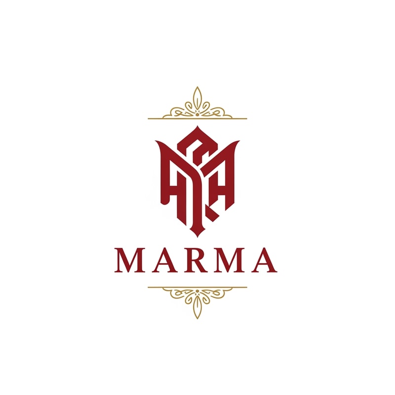 A sophisticated, conceptual abstract mark or monogram positioned immediately above the corporate logotype text "Marma" — Centered composition designed for immediate recognition and high impact at small scale; the abstract mark must visually complement and integrate with the typography — Professional color scheme utilizing deep red and crisp white — Flat, sharp, graphic design lighting achieving a modern and professional tone — Abstract, clean vector graphic logotype concept — Keep text "Marma" EXACTLY unchanged; no rewriting, redrawing, correcting, or adding any text; strictly avoid photographic elements or heavy gradients — Isolated on a seamless  add ornamental g9olden designs toopure white background for versatile branding use.