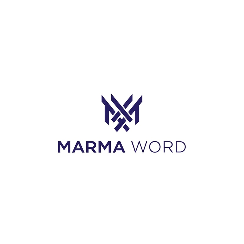 A sophisticated, abstract corporate logotype concept for the brand "Marma Word," integrating a subtle, conceptual abstract mark or monogram positioned above the text — Centered composition designed for immediate recognition and high impact at small scale; the mark must complement the logotype — Professional color scheme utilizing deep indigo blue and crisp white/off-white — Flat, sharp, graphic design lighting; modern and professional tone — Minimalist vector graphic design; hard edges, conceptual mark, suitable for digital and print branding — The exact text required is "Marma Word"; keep text/logos/labels EXACTLY unchanged; no rewriting, redrawing, correcting, or adding any text; avoid photographic elements or heavy gradients — Isolated on a seamless pure white background for versatile branding use.